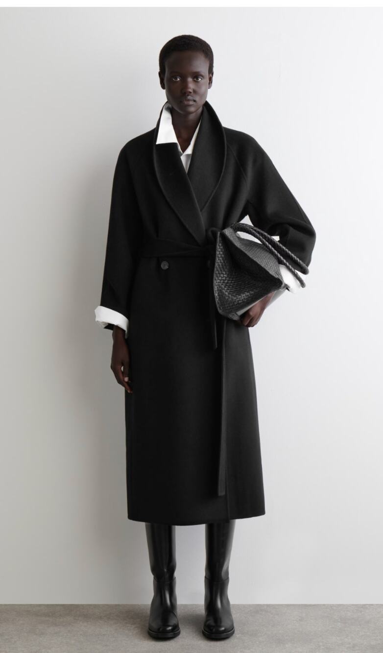 COS Belted Double-Faced Wool Long Coat size L in Black